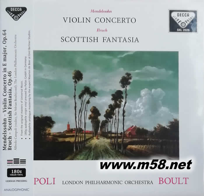 門德爾松 小提琴協(xié)奏曲 布魯赫 蘇格蘭幻想曲Mendelssohn:Violin Concerto, Bruch:Scottish Fantasia/Alfredo Campoli, Sir Adrian Boult, 黑膠專輯正面圖片