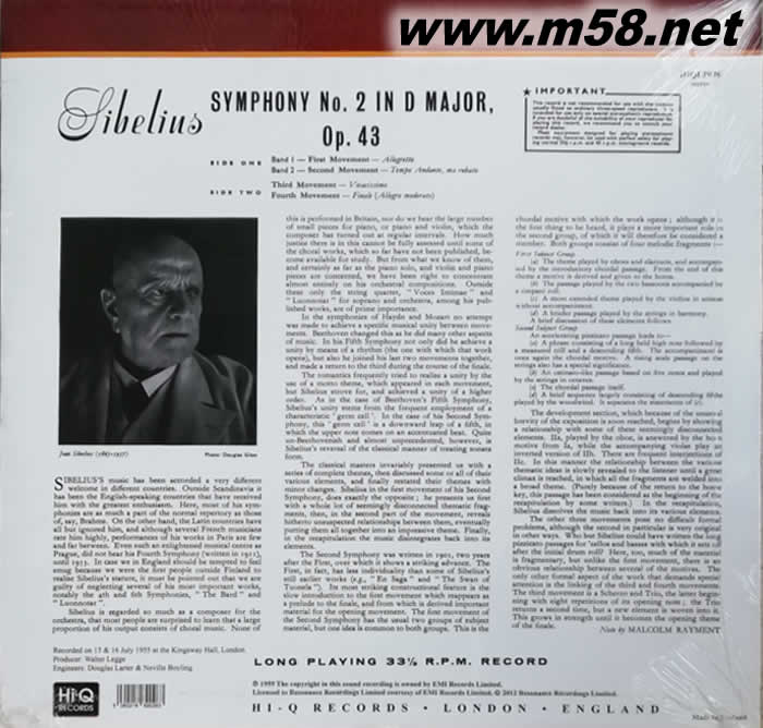 西貝流士 第二號交響曲 SIBELIUS : SYMPHONY NO.2 IN D OP.43/PHILHARMONIA ORCHESTRA 黑膠專輯背面圖片