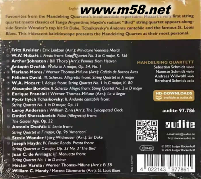 天堂小確幸 Pennies from Heaven Mandelring Quartett(小提琴、中提琴、大提琴)專輯背面圖片