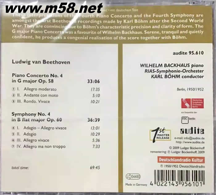 貝多芬: 第四號鋼琴協奏曲/ 第四號交響曲Beethoven: Piano COncerto No. 4/ Symphony No. 4專輯背面圖片