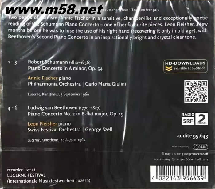 舒曼: 鋼琴協奏曲 貝多芬:第2號鋼琴協奏曲 Schumann: Piano Concerto/ Beethoven: Piano Concerto No. 2專輯背面圖片
