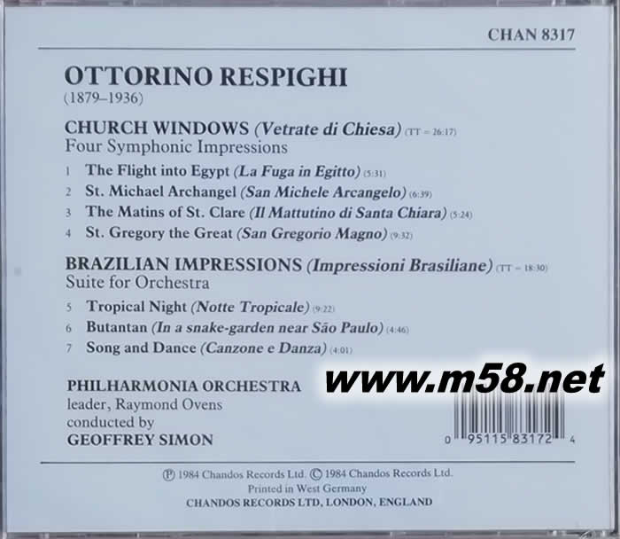 雷斯匹基:教堂之窗、巴西印象,西蒙指揮 CHURCH WINDOWS BRAZILIAN IMPRESSIONS專輯背面圖片