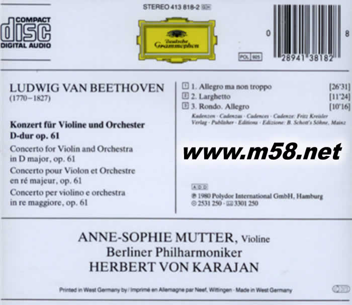 貝多芬:小提琴協(xié)奏曲 Mutter & Herbert von Karajan - Beethoven: Violin Concerto專輯背面圖片