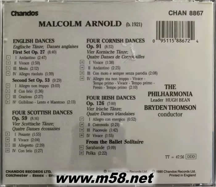 阿諾德:英國舞曲、蘇格蘭舞曲、康沃爾舞曲,愛爾蘭舞曲 ARNOLD DANCES專輯背面圖片