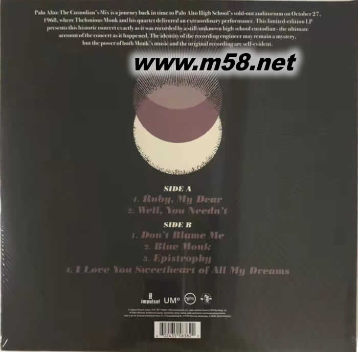 MONK 帕洛阿爾托 Palo Alto 爵士鋼琴家 黑膠專輯背面圖片