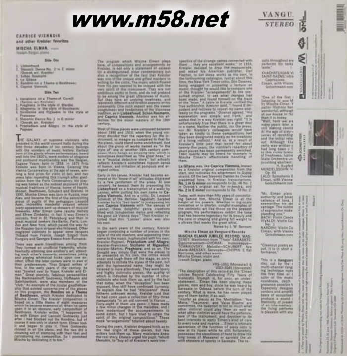 維也納隨想曲 CAPRICE VIENNOIS AND OTHER KREISLER FAVORITES 小提琴與鋼琴 黑膠專輯背面圖片