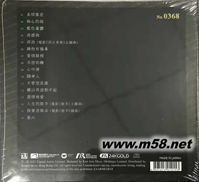 張國榮 極品珍藏 第二集 ARM 24K GOLD 金碟 限量版專輯背面圖片