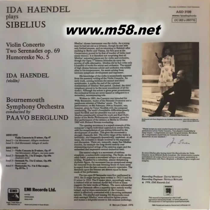 西貝柳斯 IDA HAENDEL PLAYS SIBELIUS 小提琴協奏曲 黑膠專輯背面圖片