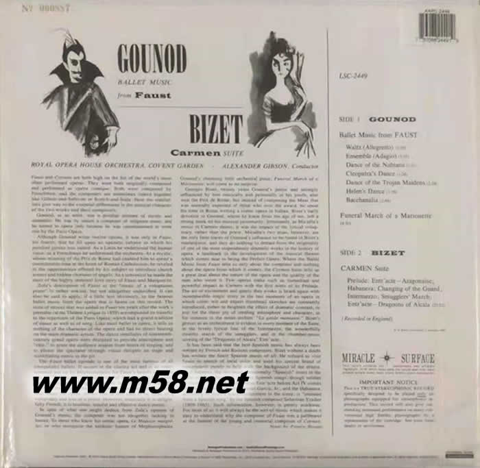 浮士德芭蕾音樂 比才卡門組曲Gounod: Faust Ballet Music Bizet: Carmen 180g 33RPM LP 黑膠 限量版專輯背面圖片