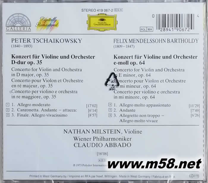 米爾斯坦 柴可夫斯基 & 門德爾松:小提琴協(xié)奏曲Claudio Abbado & Nathan Milstein - Tchaikovsky & Mendelssohn: Violin Concertos專輯背面圖片