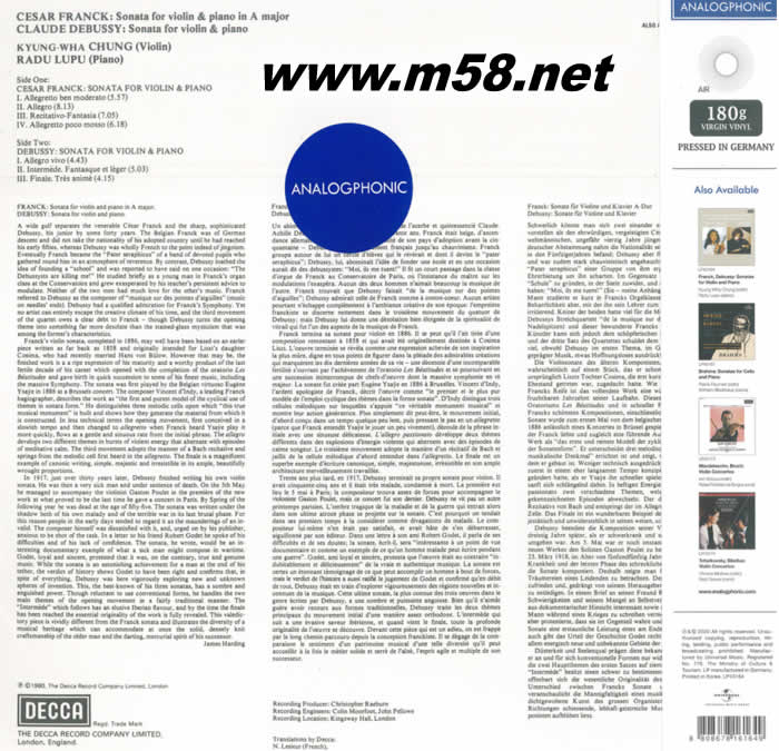 小提琴與鋼琴 KYUNG WHA CHUNG / RADU LUPU FRANK, 德彪西奏鳴曲DEBUSSY SONATAS FOR VIOLIN AND PIA NO 黑膠專輯背面圖片