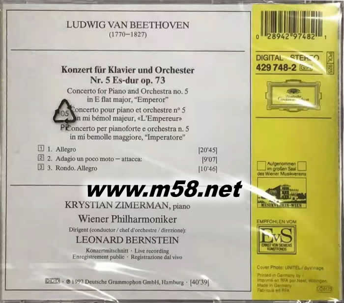 倫納德 伯恩斯坦指揮 貝多芬:No.5鋼琴協奏曲 皇帝 Leonard Bernstein - Beethoven: Piano Concerto No.5 Emperor專輯背面圖片