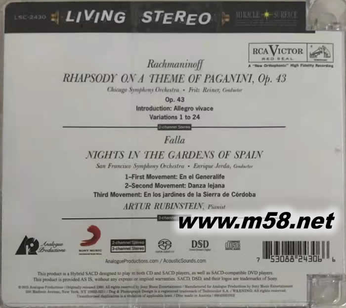 Rachmaninov& Falla 拉赫曼尼諾夫:帕格尼尼主題狂想曲&法雅:西班牙花園之夜 (Living Stereo 立體聲名盤 SACD )專輯背面圖片