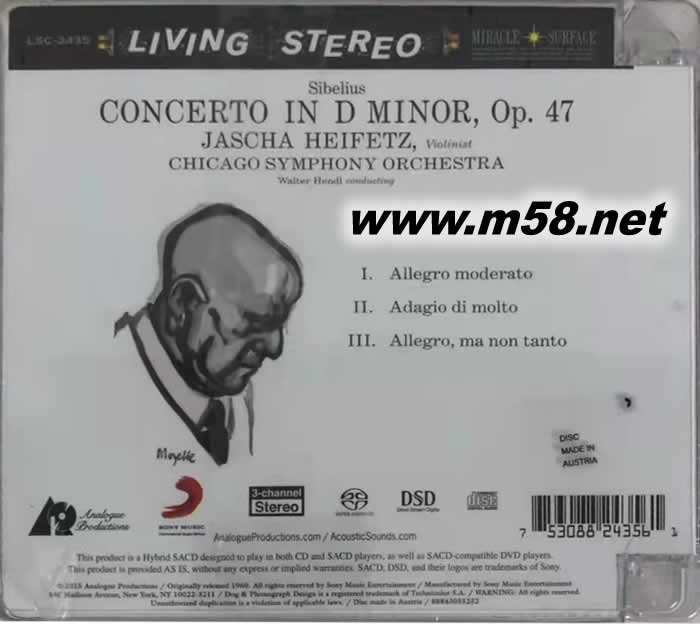 西貝柳斯小提琴協(xié)奏曲 SIBELIUS VIOLIN CONCERTO (Living Stereo 立體聲名盤(pán) SACD )專(zhuān)輯背面圖片