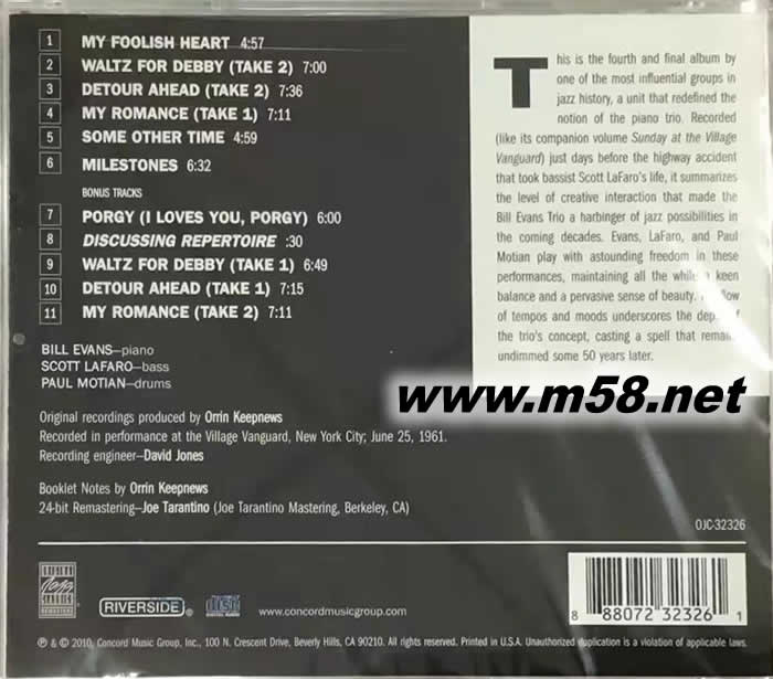 黛比的華爾茲 Waltz for Debby (爵士三重奏 鋼琴、貝斯、鼓)【55周年經(jīng)典重製盤/24-bit數(shù)位重生】專輯背面圖片