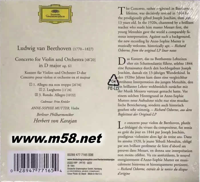 穆特 卡拉揚 柏林愛樂 - 貝多芬 小提琴協奏曲VIOLINKONZERT VIOLIN CONCERTO專輯背面圖片