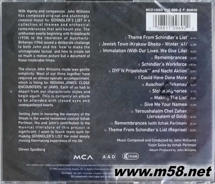 辛德勒的名單(Schindler‘s List)電影原聲碟專輯背面圖片