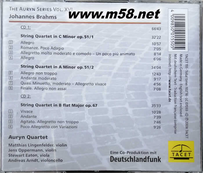 布拉姆斯:弦樂四重奏全集 COMPLETE STRING QUARTETS 雙CD專輯背面圖片