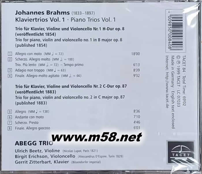 I ABEGG TRIO Brahms Piano Trios 1 勃拉姆斯 鋼琴三重奏(鋼琴、大提琴、小提琴)專輯背面圖片