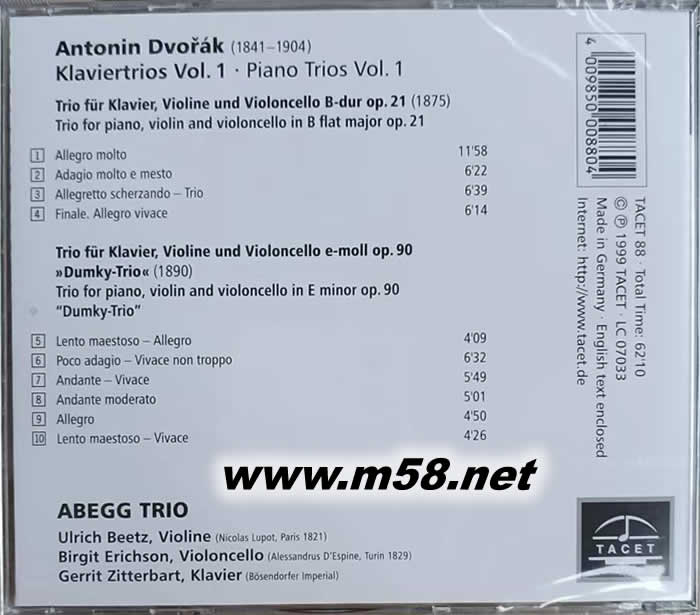 DVORAK KLAVIERTRIOS 德沃夏克 VOL.1鋼琴三重奏(花瓶封面)第一集專輯背面圖片