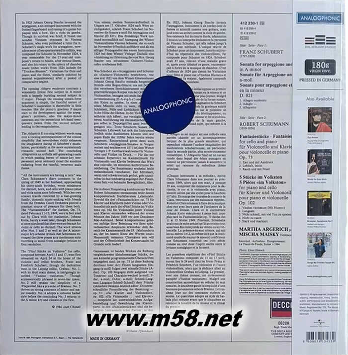 鋼琴與大提琴 舒伯特 Schubert : Sonata for Arpeggione 180g 33RPM LP 黑膠專輯背面圖片