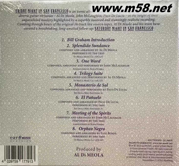 SATURDAY Night in San Francisco(舊金山星期六之夜 三位吉它大師LIVE)CD專輯背面圖片