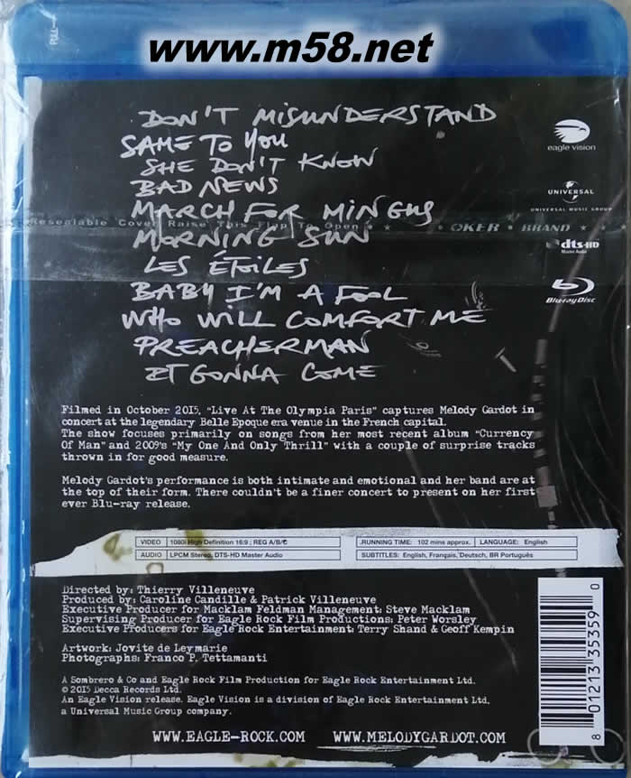 Live At The Olympia Paris ( Blu-ray )魅爵女帝巴黎演唱會現場傳真 藍光BD專輯背面圖片