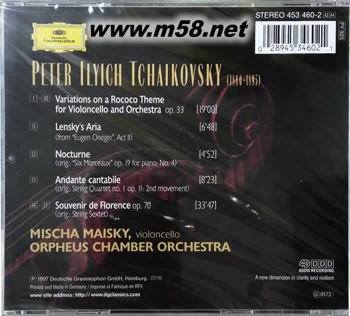 柴可夫斯基TCHAIKOVSKY ROCOCO VARIATIONS; ANDANTE CANTABILE:如歌的行板、夜曲 等 (大提琴)專(zhuān)輯背面圖片