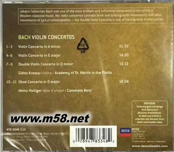 巴赫小提琴協(xié)奏曲 VIOLIN CONCERTOS VIRTUOSO大師系列專輯背面圖片