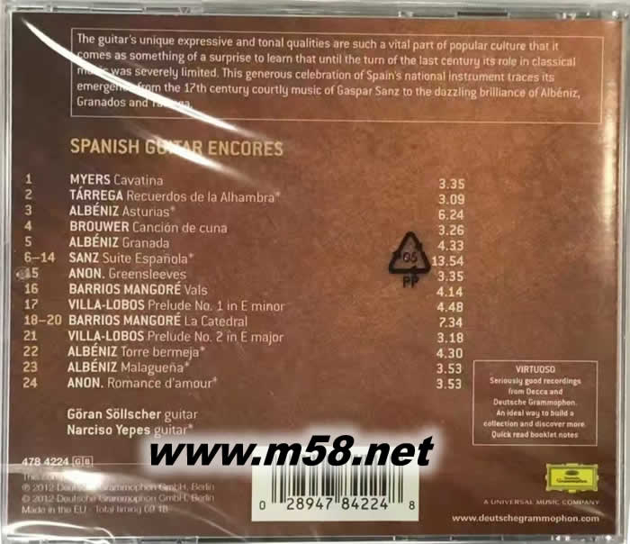 西班牙古典吉他安可小品SPANISH GUITAR ENCORES VIRTUOSO大師系列專輯背面圖片