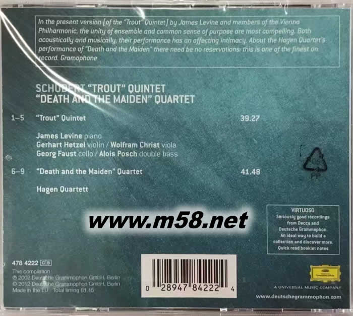 哈根四重奏組 - 舒伯特 鱒魚五重奏(鋼琴、小提琴、大提琴、 貝斯) SCHUBERT HAGEN QUARTETT VIRTUOSO大師系列專輯背面圖片