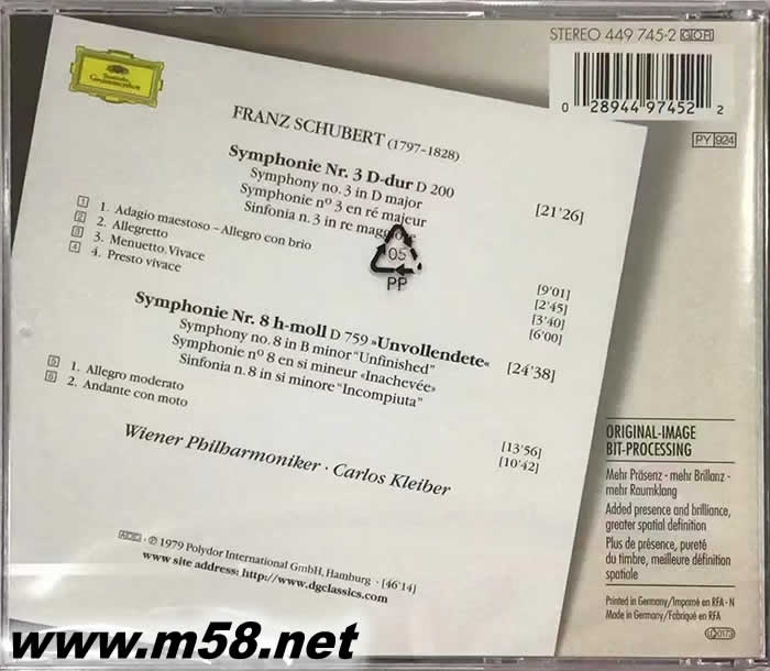 舒伯特:第3 & 8交響曲 Carlos Kleiber - Schubert: Symphonies Nos. 3 & 8 大禾花版專輯背面圖片