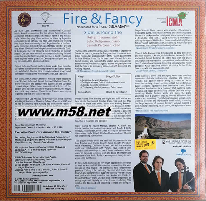 火焰與意欲 Fire & Fancy (鋼琴、大提琴、小提琴)拉丁三重奏 45轉 黑膠專輯背面圖片