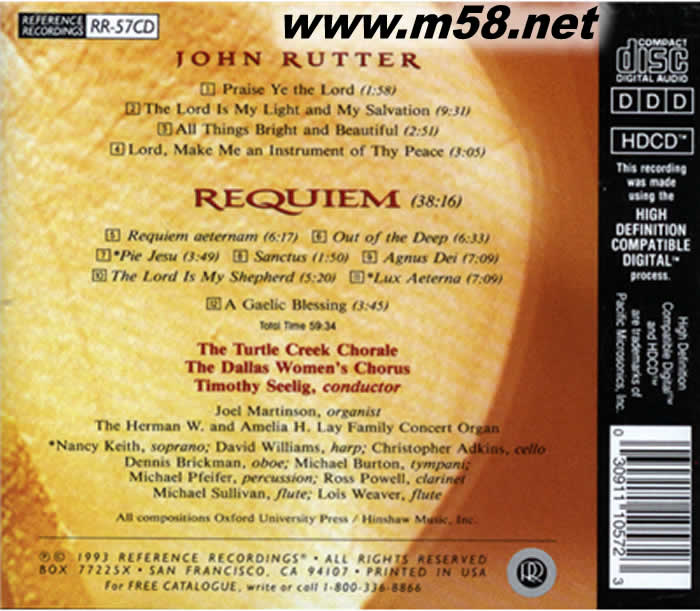 魯特:安魂曲 Timothy Seelig - Rutter:Requiem專輯背面圖片