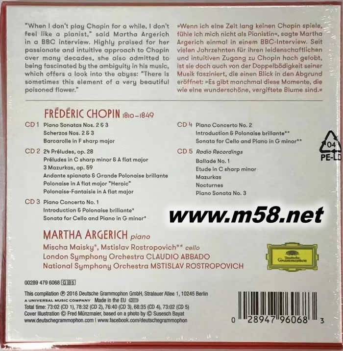 阿格麗希七十五歲大壽-- DG蕭邦錄音全集紀(jì)念 J.S.Bach: Die Cellosonaten 鋼琴協(xié)奏曲 5CD套裝專輯背面圖片