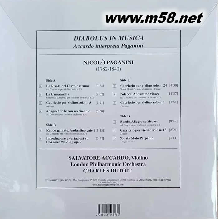 阿卡多演奏 帕格尼尼作品精選Paganini: Diabolus in Musica 魔鬼的顫音 雙黑膠 限量版專輯背面圖片