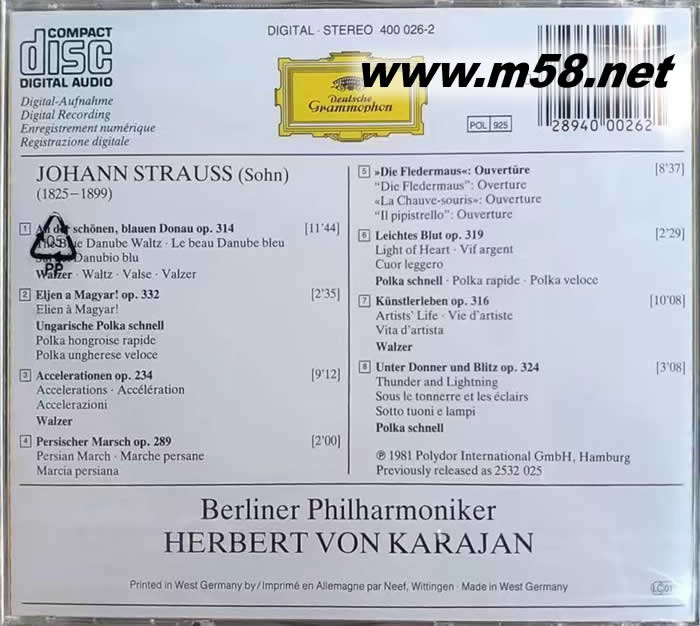 約翰與約瑟夫史特勞斯:藍(lán)色多瑙河 THE BLUE DANUBE 卡拉揚(yáng)指揮專(zhuān)輯背面圖片