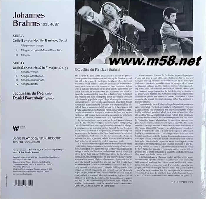 BRAHMS THE TWO SONATAS FOR CELLO AND PIANO(大提琴與鋼琴) 黑膠專輯背面圖片