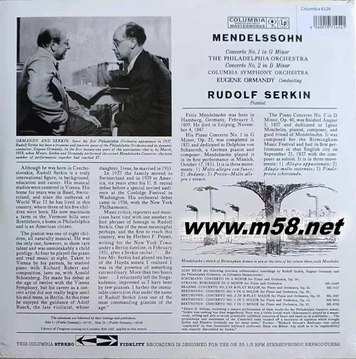 魯道夫·塞爾金 鋼琴協奏曲 MENDELSSOHN CONCERTO NO.1 IN G MINOR 黑膠專輯背面圖片