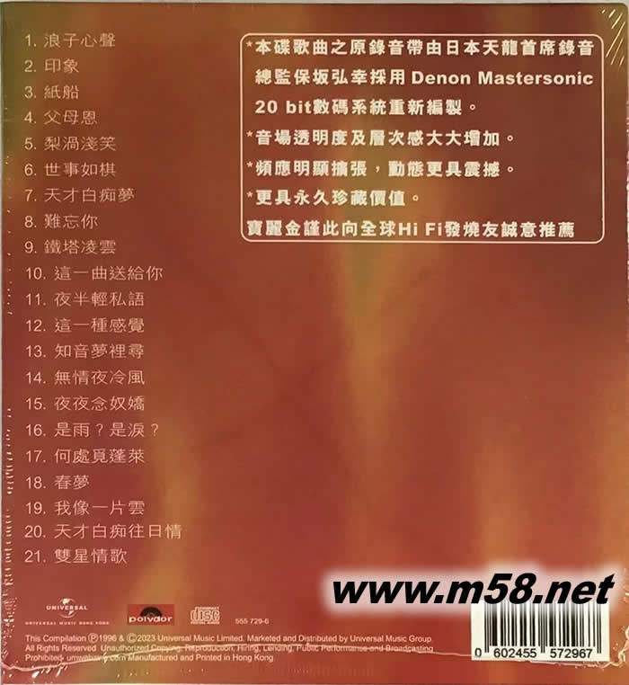 許冠杰寶麗金88極品音色系列 2023年版專輯背面圖片